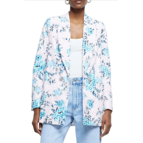 River Island Women's Pink Floral Broderie Detail Notch Blazer Size 6 NEW - Picture 1 of 6